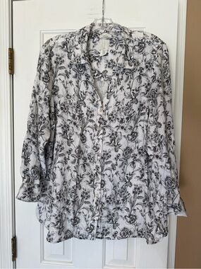 Toile 100% Linen Classic Joie Blouse Tunic Black & White Resort Old Money 1X